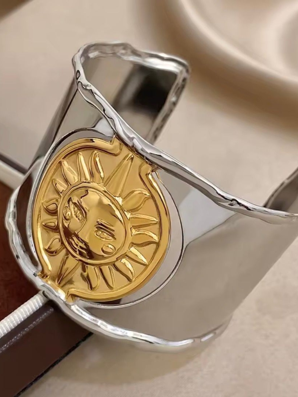 Two-Tone Sun Medallion Cuff Bracelet - Gold & Silver - Picture 2 of 3